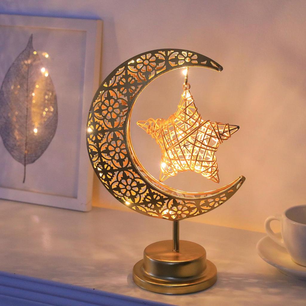 Drehbare LED-Schmiedeeisen-Mond- und Sternenlampe – Dekoratives Schreibtischornament im nahöstlichen Stil.