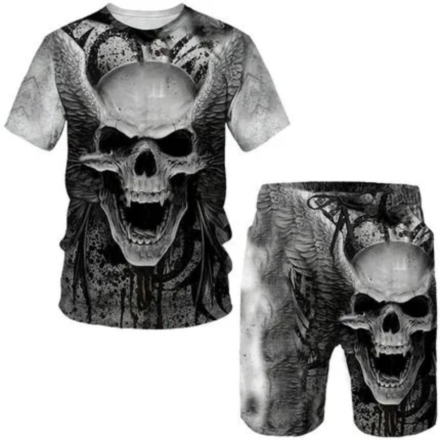 

Комплекты из футболки и шорт Костюм-двойка для мужчин Принт с узором скелета С коротким рукавом Спортивный костюм Повседневный 3D Полиэстер Мужской комплект 6XL серый