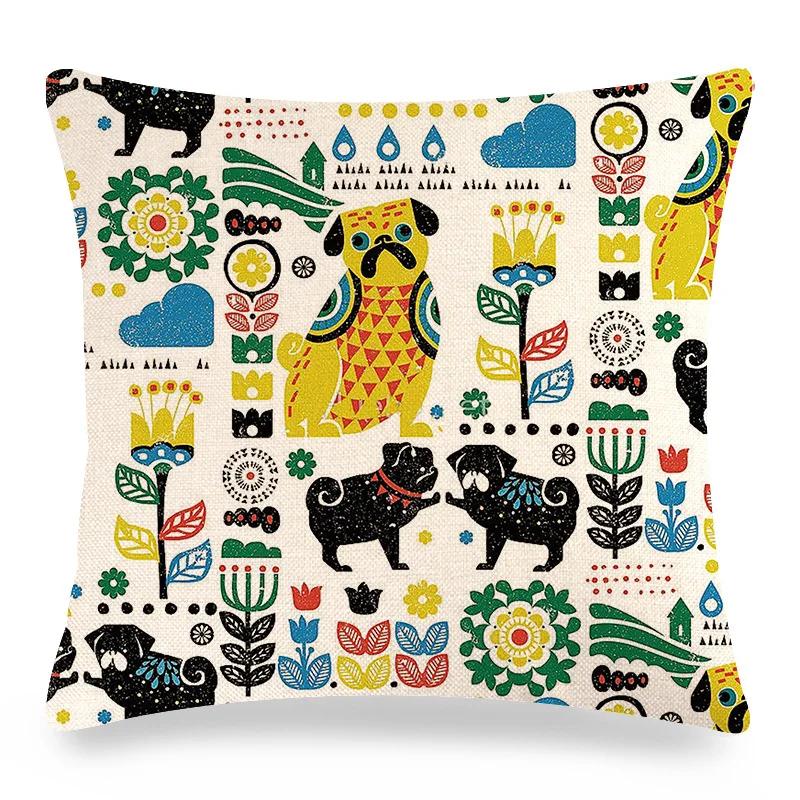 Pug Printed Pillows Cushion Cover 18x18 Inches Linen Pillowslip Home Sofa Car Decoration Throw Pillow Cover Cute Dogs Pillowcase