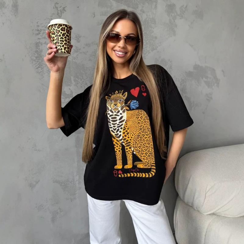 Pure cotton American short-sleeve T-shirt, loose top for men and women, leopard print S