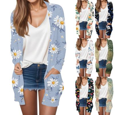 Damenmode, lässig, Retro-Blumendruck, mittellange Strickjacke