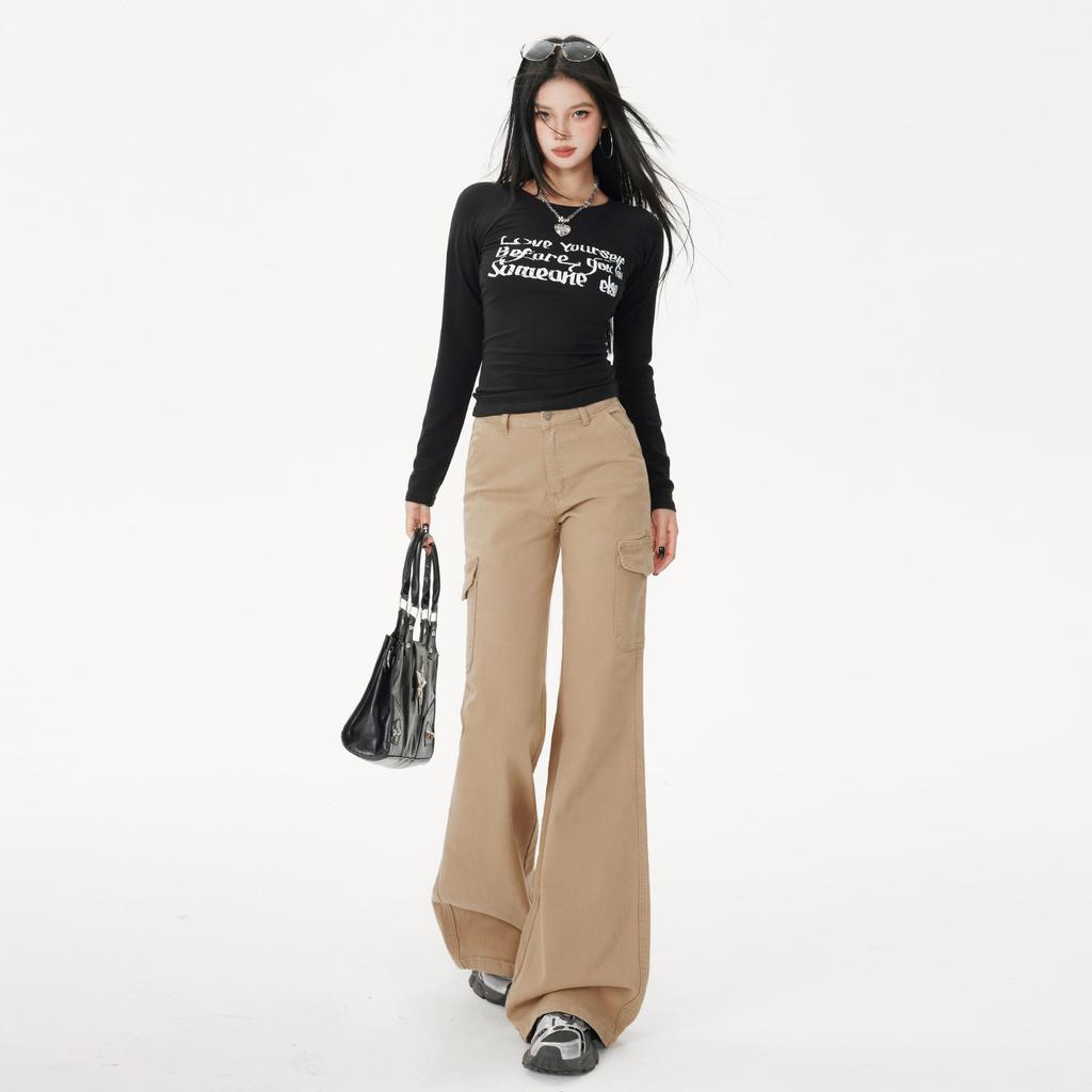American micro-pull tooling jeans women's autumn new low-rise elastic and thin wide-leg horseshoe flared pants
