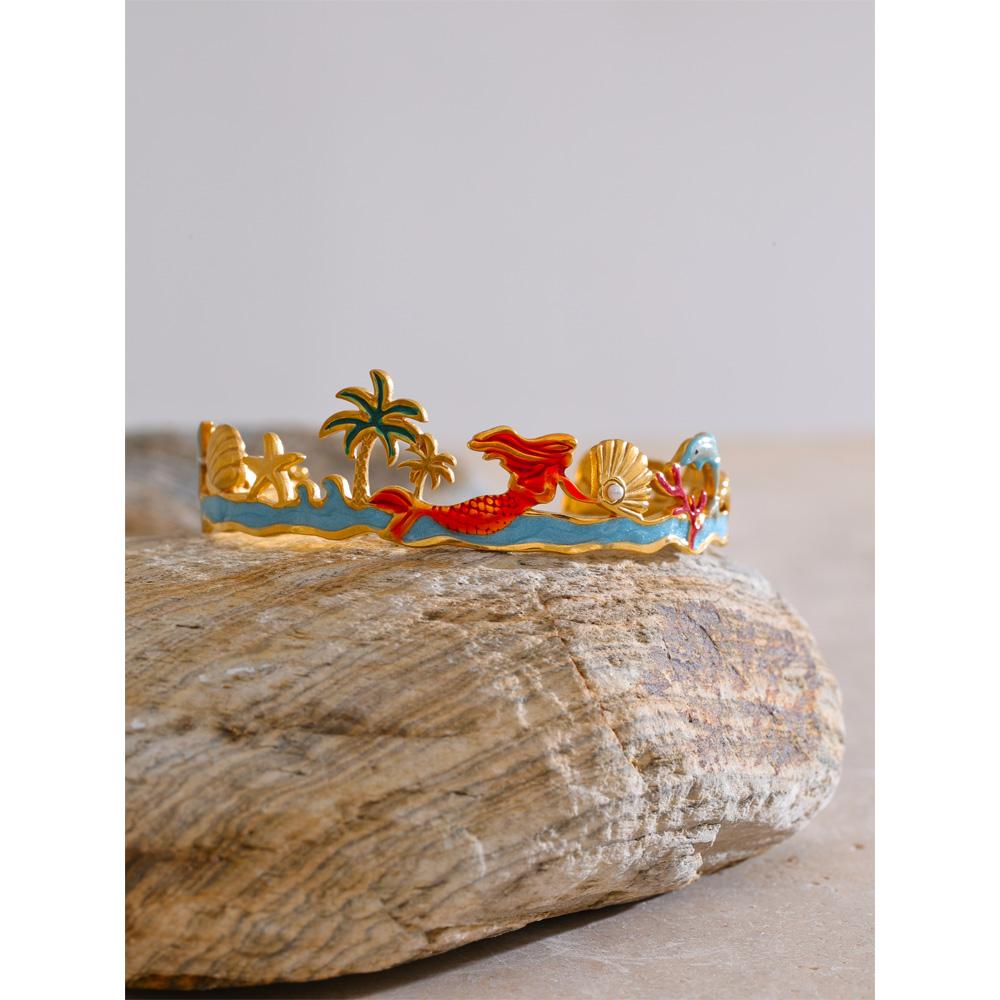 Eetit Offener Ozean Stil Buntes Emaille Kokosnussschale Delfin Armreif Armspange Golden Edelstahl Sommer Stilvoller Schmuck