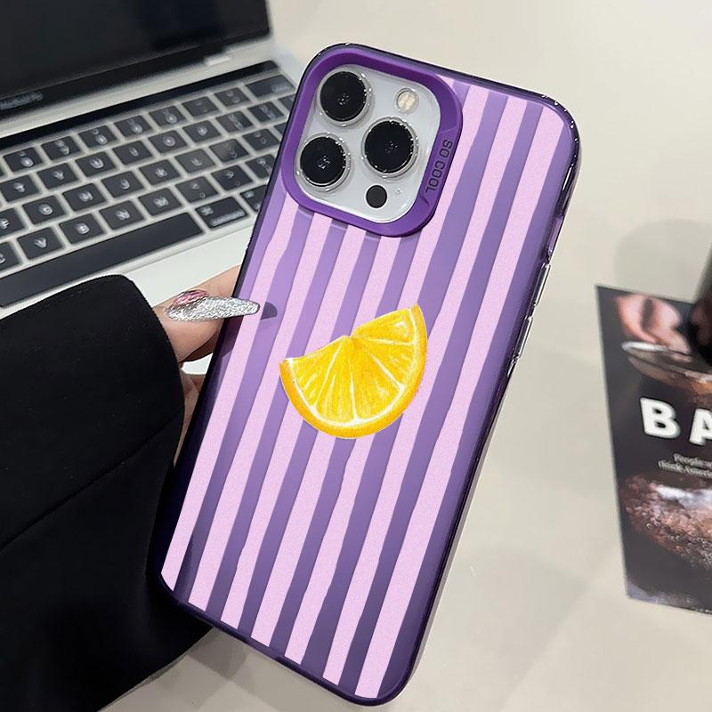 Laser Phone Case For iPhone 16 Pro Max 15 14 Plus Pro Max 11 12 13 Mini Pro Max Cover Red Striped Lemon Pattern Shockproof Shell