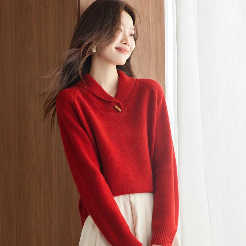 Srcr Women's 100% Wool Relaxed Fit Retro Turn-Down Collar Sweater