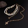 SHIXIN 3 Pcs Trendy Imitation Pearl Rhinestone Flower Long Tassel Necklace for Men Vintage Cross Pendant Necklace Neck Jewelry