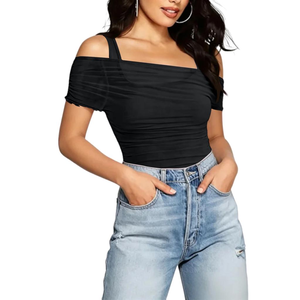 Womens Spring Tops Off Shoulder Ruched Design Summer Shirts for Women Casual Short Sleeve Tshirts Shirts for Women