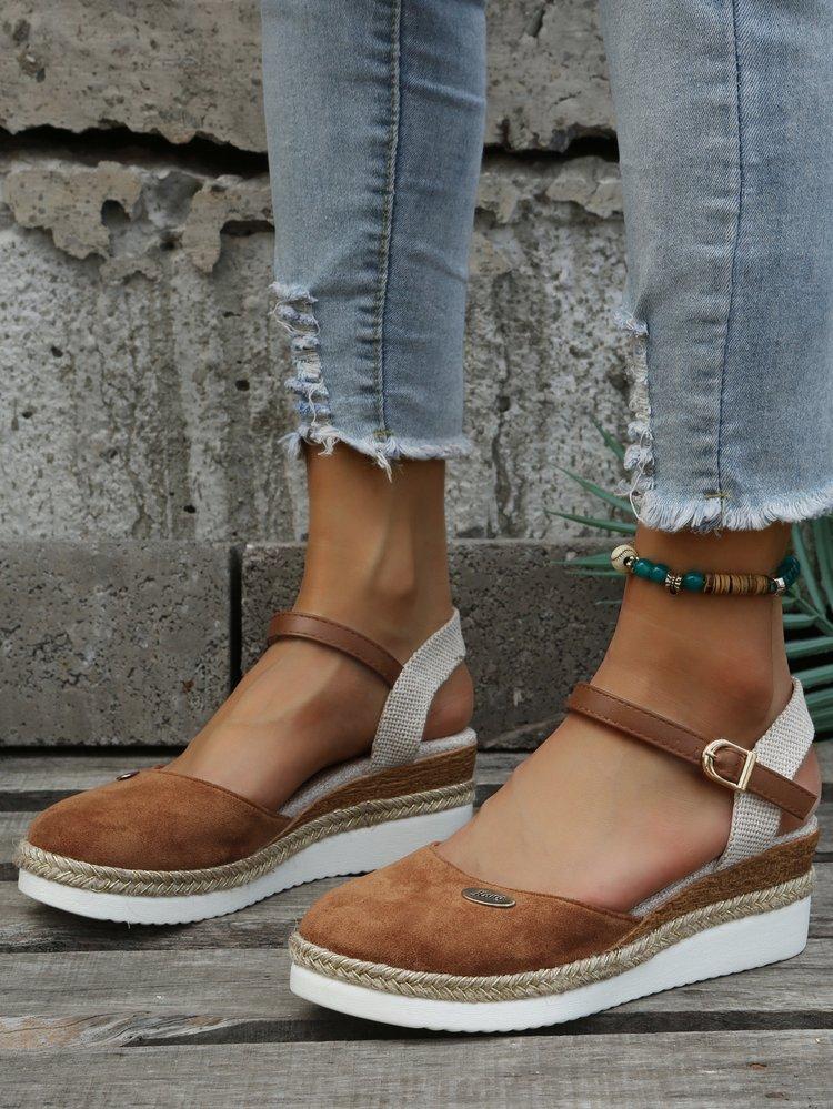 2025 summer new foreign trade large size bag head rear empty slope heel sandals women's hemp rope bottom buckle thick sole women's sandals