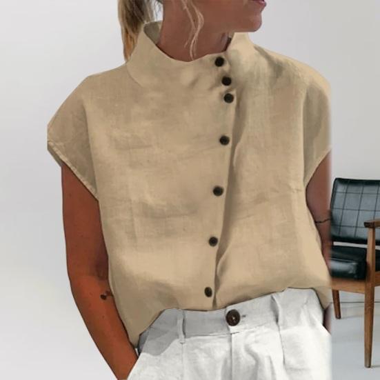 Col Montant Manches Courtes Raglan Chemise Femme Patte de Boutonnage Diagonale Manches Courtes Été Fine Couleur Unie Lâche T-shirt Top Streetwear