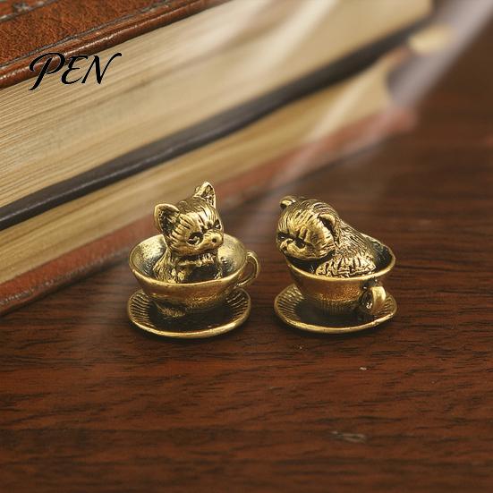 Artistic Home Office Desk Decor Miniature Teacup Cat Statue, Cute Brass Dog Figurine, Landscape Decorative Accents Collectable Animal for DIY