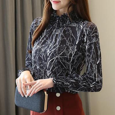 Fashion Long Sleeve Chiffon Blouse Women Casual Tops Female Stand Collar Slim Elegant Floral Shirt Women's Clothing