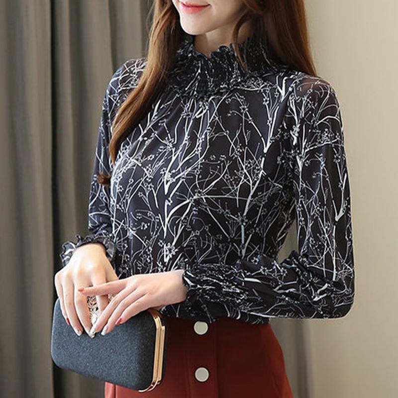 חולצת שיפון עם שרוול ארוך אופנה חולצות מזדמנות לנשים צווארון מעמד צווארון דק חולצה פרחונית אלגנטית בגדי נשים