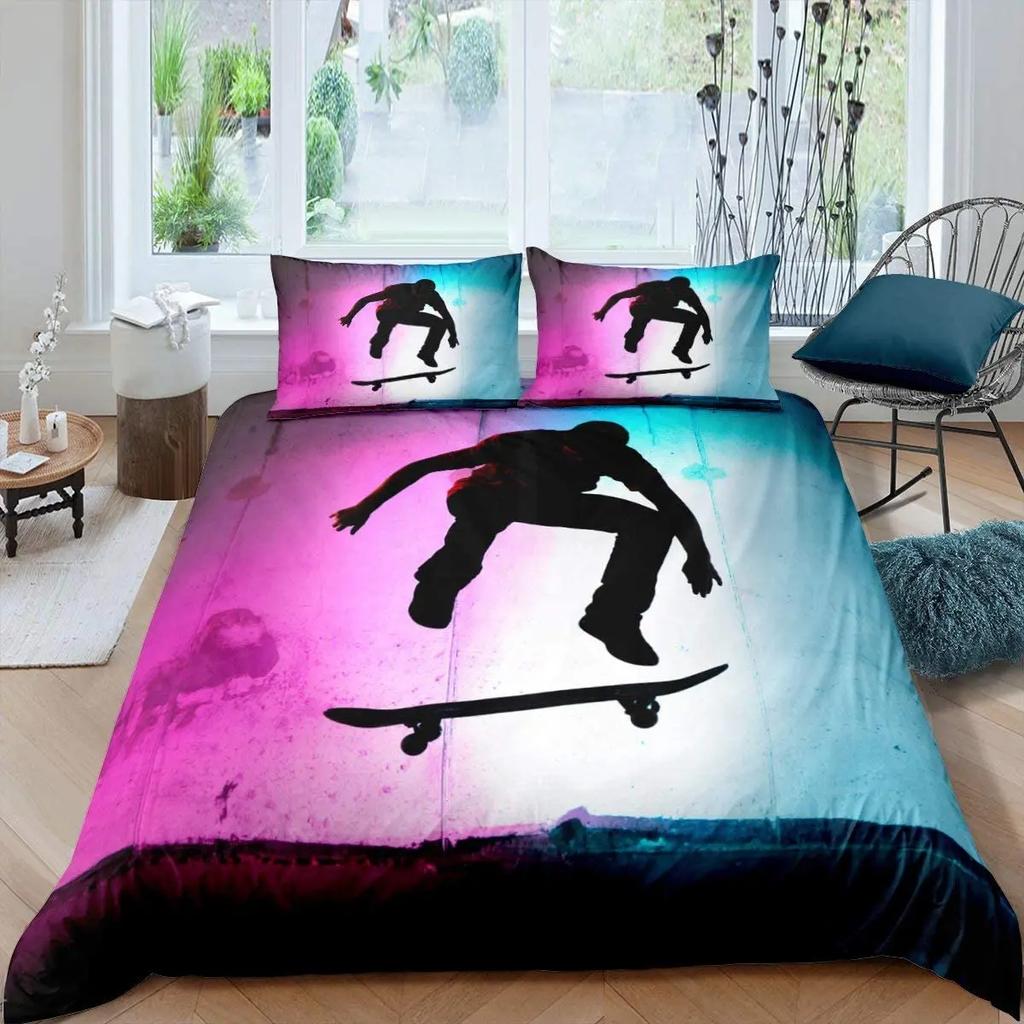 Skul Soft Duvet Cover Skateboard Human Skul featuring Skateboard Print for Children Kids Young Boys Tens Rom Decor Extreme Sport Theme Comfortable