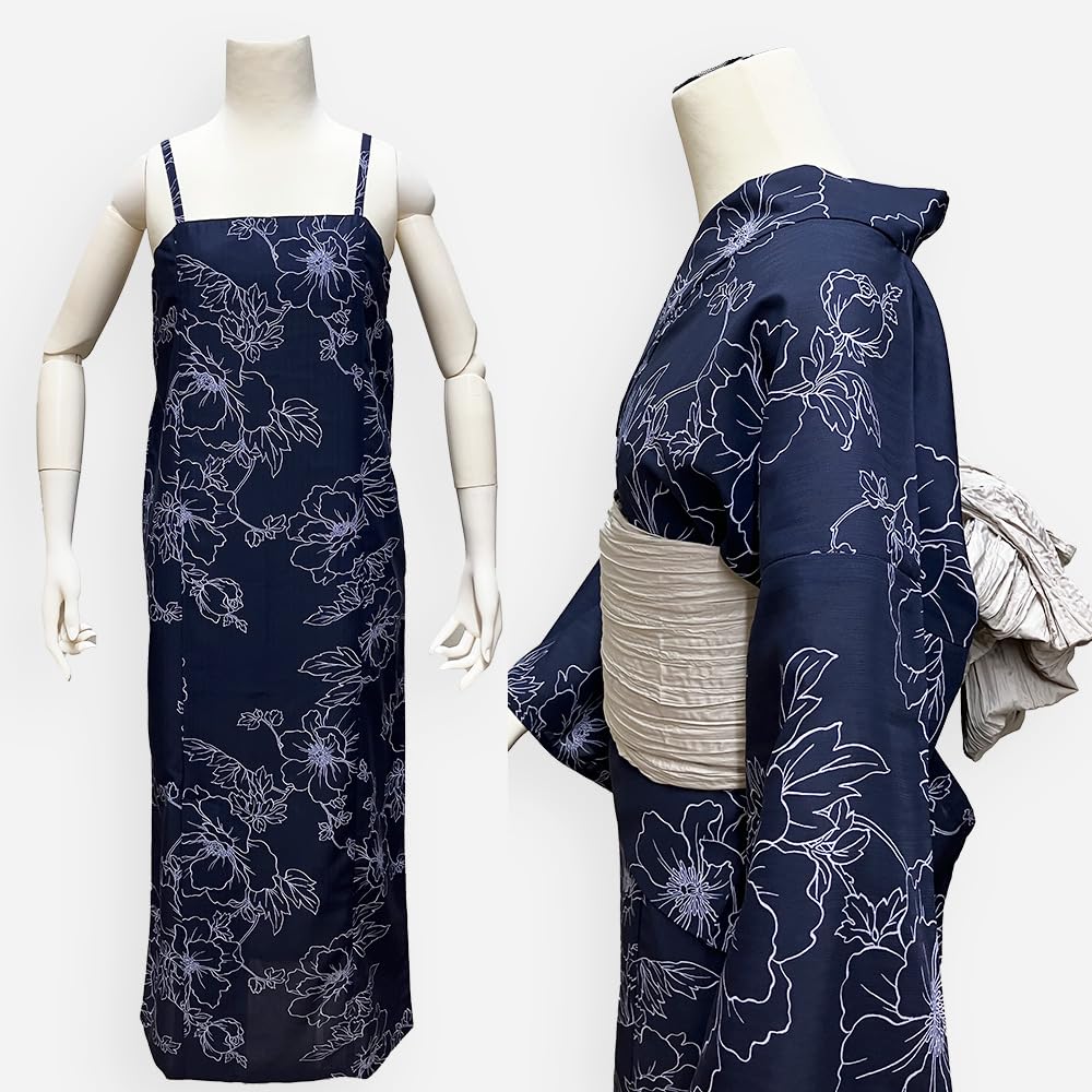 Kyoto Kimono Yuzen Two-Piece Yukata Set with Navy Obi, Easy To Dress, Two-Piece Yukata, 2-Way Set with Heko Obi (Heko Obi)