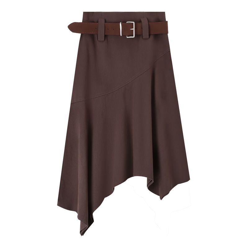 

American Retro Asymmetrical Skirt High Waist Brown Skirt Women s Autumn Niche Style A- line Skirt Chic Midi Skirt Curry color M