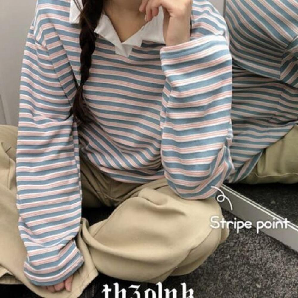 The Pink Aba OverfiT Color Block STripe Collar Long Sleeve T shirT