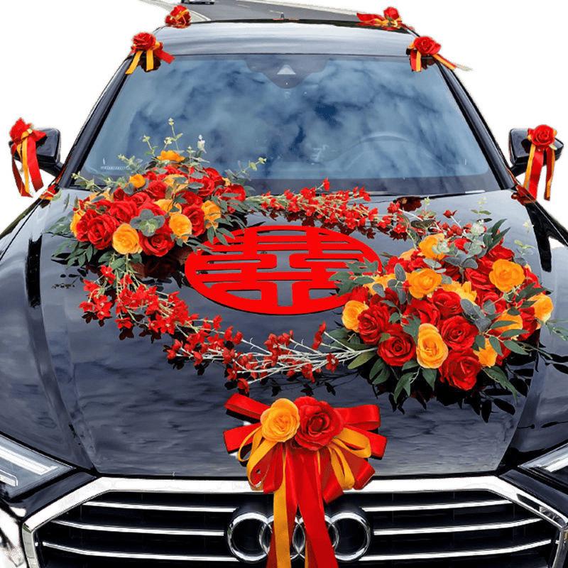Complete Wedding Car Decoration Set: Front Flower Main Car and Lead Car Arrangement