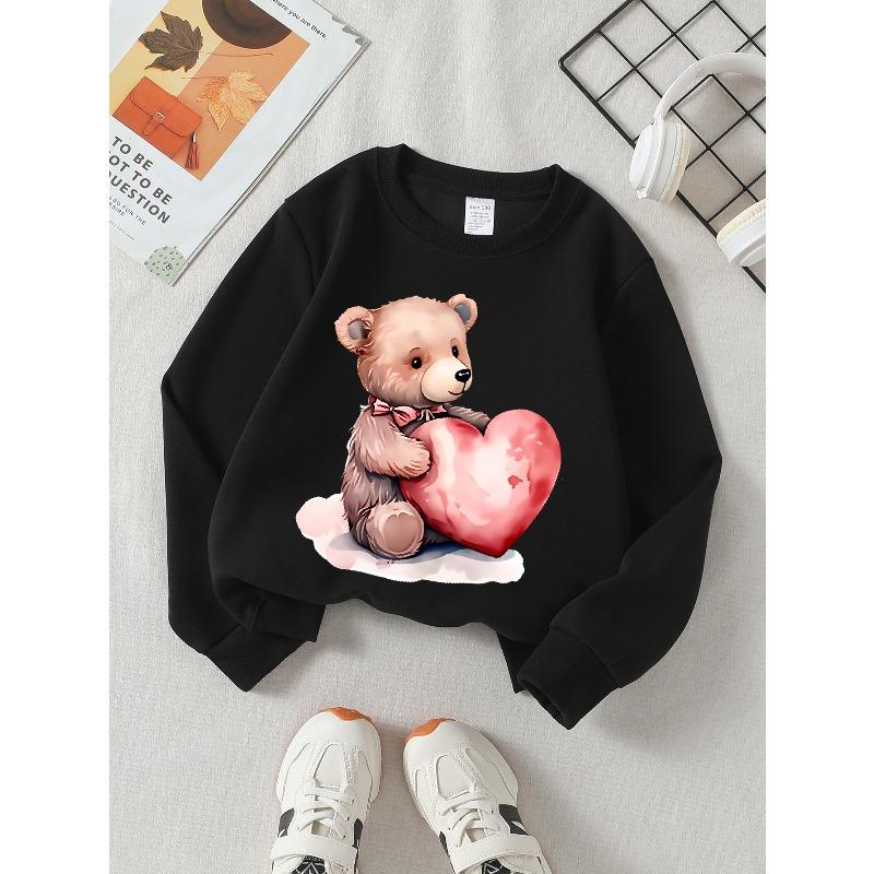 Girls' Crewneck Sweatshirt Cute Bear Holding Pink Heart Machine Washable, Spring And Autumn, Sportswear And Casual Wear