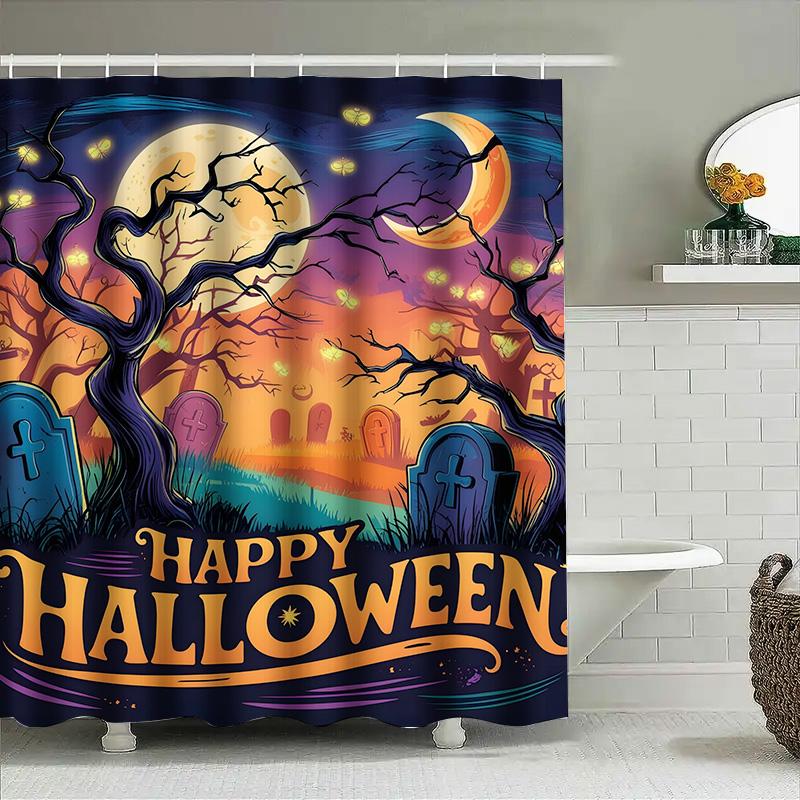 

1Pchappy Halloween Bat Ghost Scary Bathroom Shower Curtain For Kids Teens Adults W60H190(CM)-1 Pcs