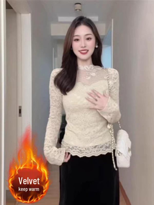 Women's 2025 Winter French Lace Long-Sleeve Mesh Base Layer Top