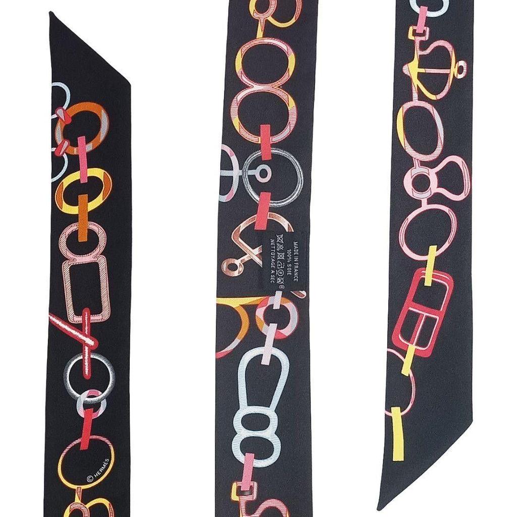 Used Hermes Twilly 2023SS Drebuckle Black Rose Multicolor Silk Scarf Ribbon Scarf