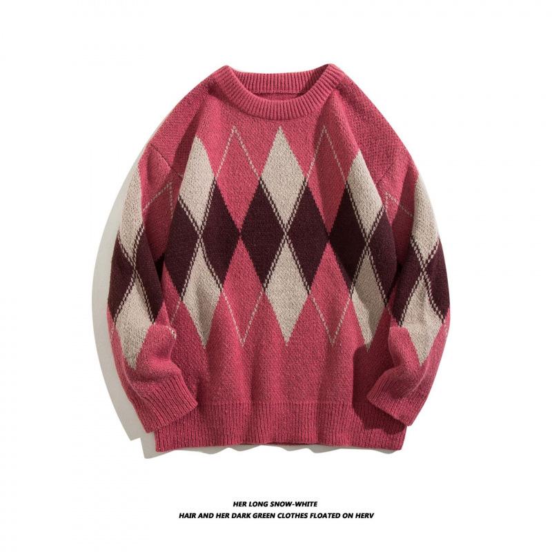 Men's Hong Kong Style Retro Diamond Pattern Loose Knit Sweater - Color Block Pullover & Cardigan for Autumn/Winter.