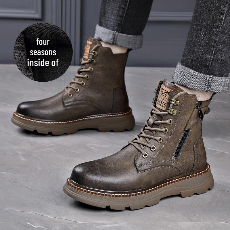 Men's Trendy Genuine Leather Martin Boots: Mid-Cut, All-Match High-Top with Velvet Lining for Autumn and Winter