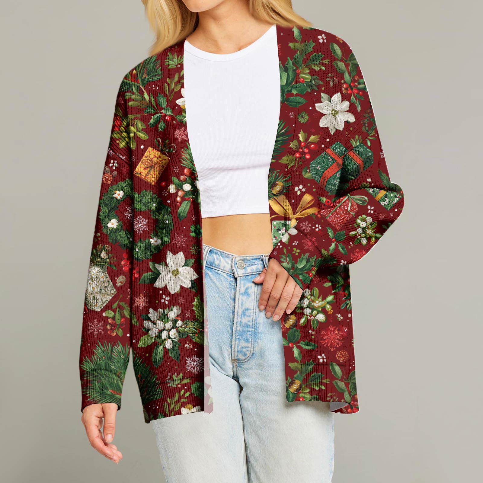 

Женский модный кардиган с длинным рукавом, V-образным вырезом, на пуговицах, свободного кроя, с рождественским принтом L красный