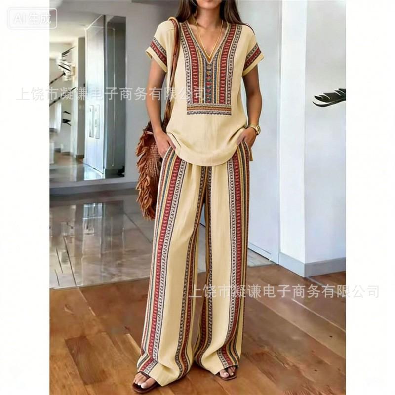 Y116 Summer Loose Top Wide-leg Pants Two-piece Women's Clothing European and American Fashion Suit