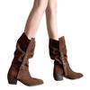 2025 new western cowboy boots women's retro pleated piled boots pointed belt buckle thick heel medium tube knight boots