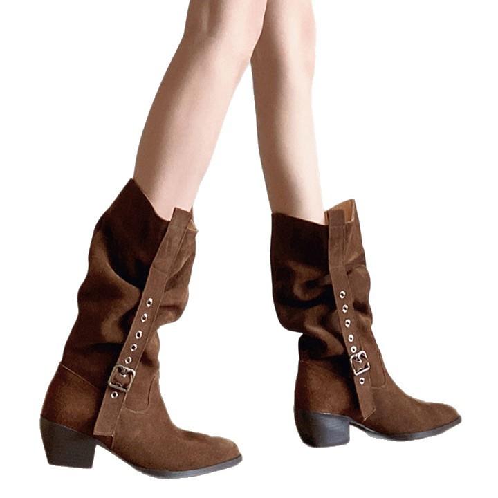 2025 new western cowboy boots women's retro pleated piled boots pointed belt buckle thick heel medium tube knight boots