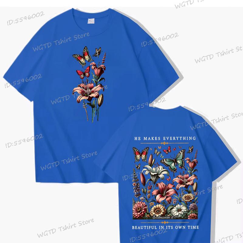 Christian Floral Vintage Boho T-shirt Women He Makes Everything Beautiful Graphic Tee Inspirational Retro Flower Religious Shirt