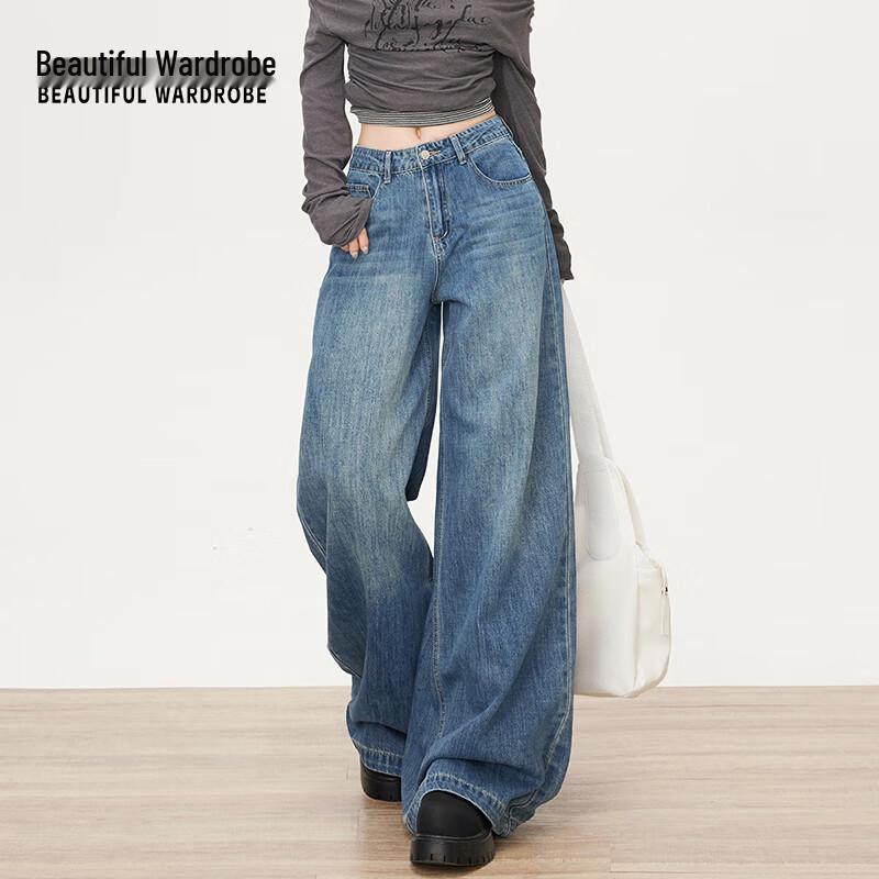 BEAUTIFUL WARDROBE Women's American Retro Washed Curved Wide-Leg Jeans