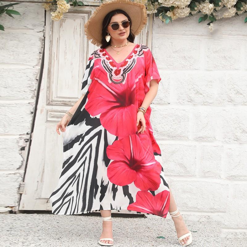 Boho V-Neck Beach Cover Up Dress Women Plus Size Lightweight Swimwear Overlay