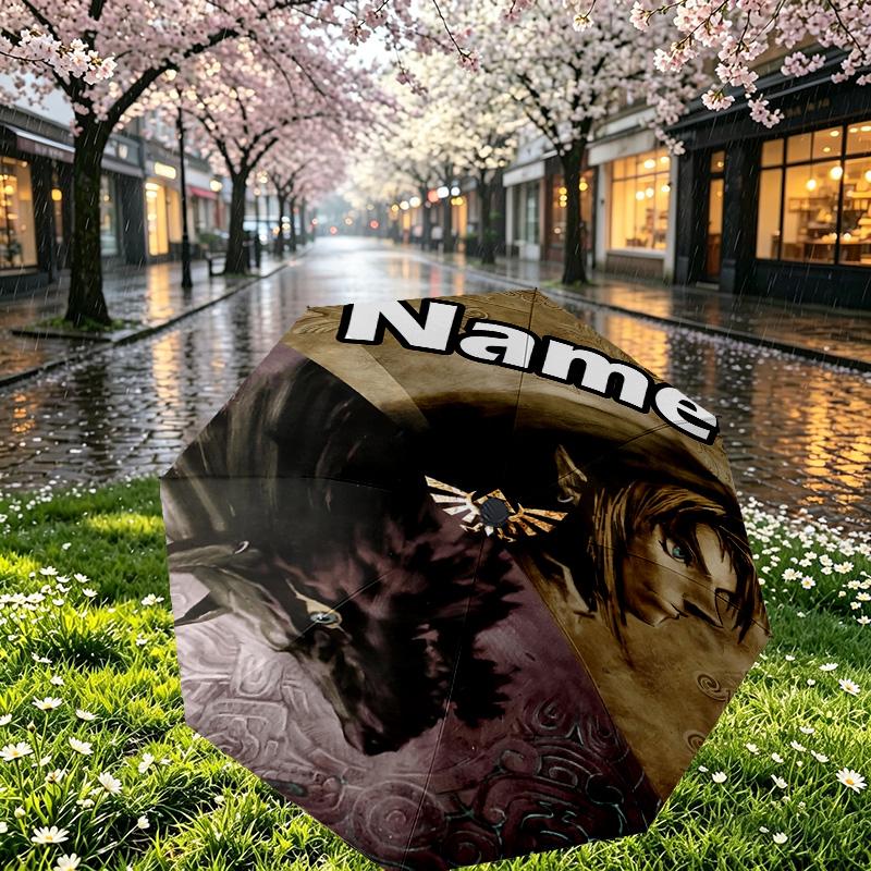 Custom Name Personalized The Legend of Zelda Print Umbrella, Auto Open Close, 8‑Rib Sturdy Frame, Commute Camping Hiking Use, Birthday Gift