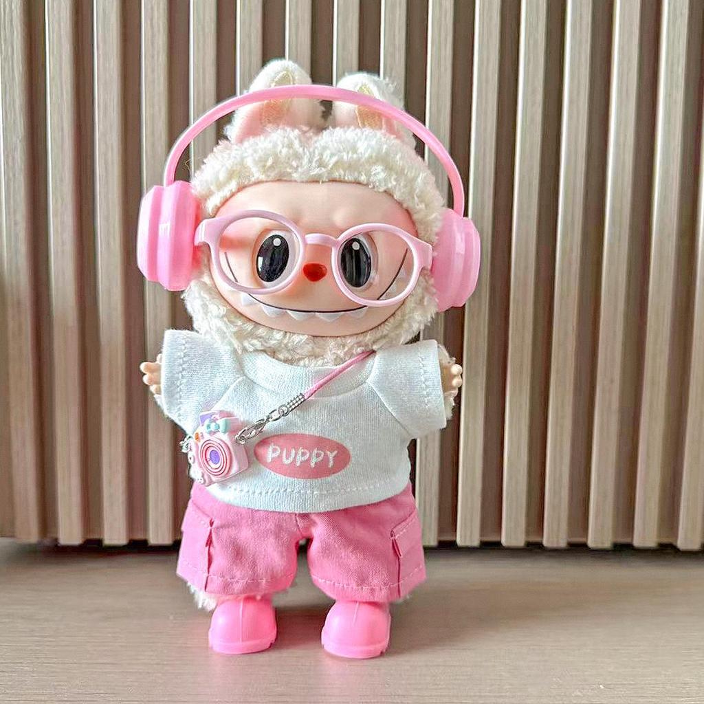Vestiti per Bambola Labubu di Prima, Seconda, Terza Generazione 17cm con Cuffie, Occhiali, Set Sportivo da Tennis Rosa