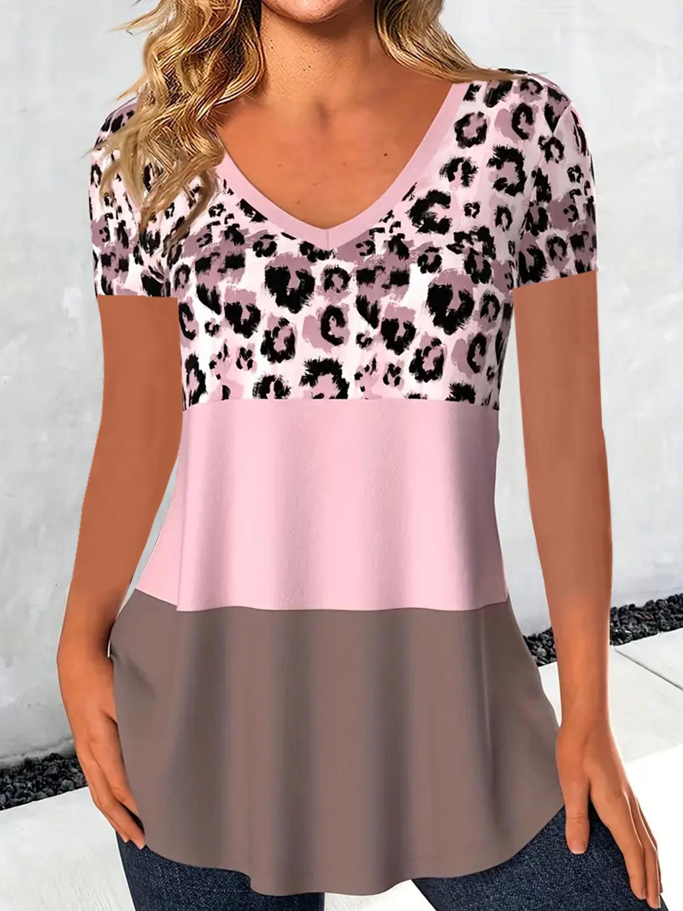 

Женская модная футболка с леопардовым принтом, свободные удобные рубашки с короткими рукавами, повседневные футболки с v-образным вырезом, топы больших размеров 4XL розовый