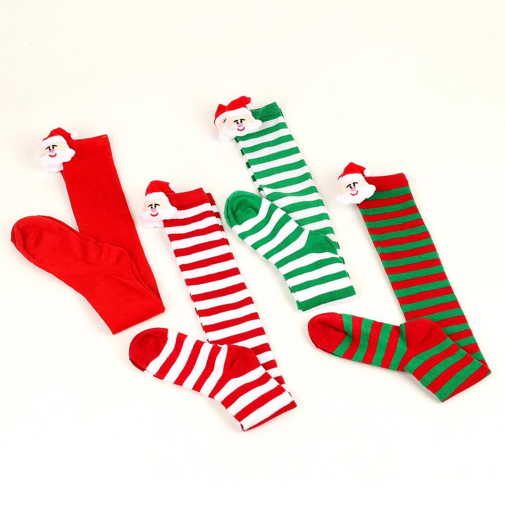Damen Weihnachten Santa Gestreifte Overknee Lange Socken - Party Doll Design