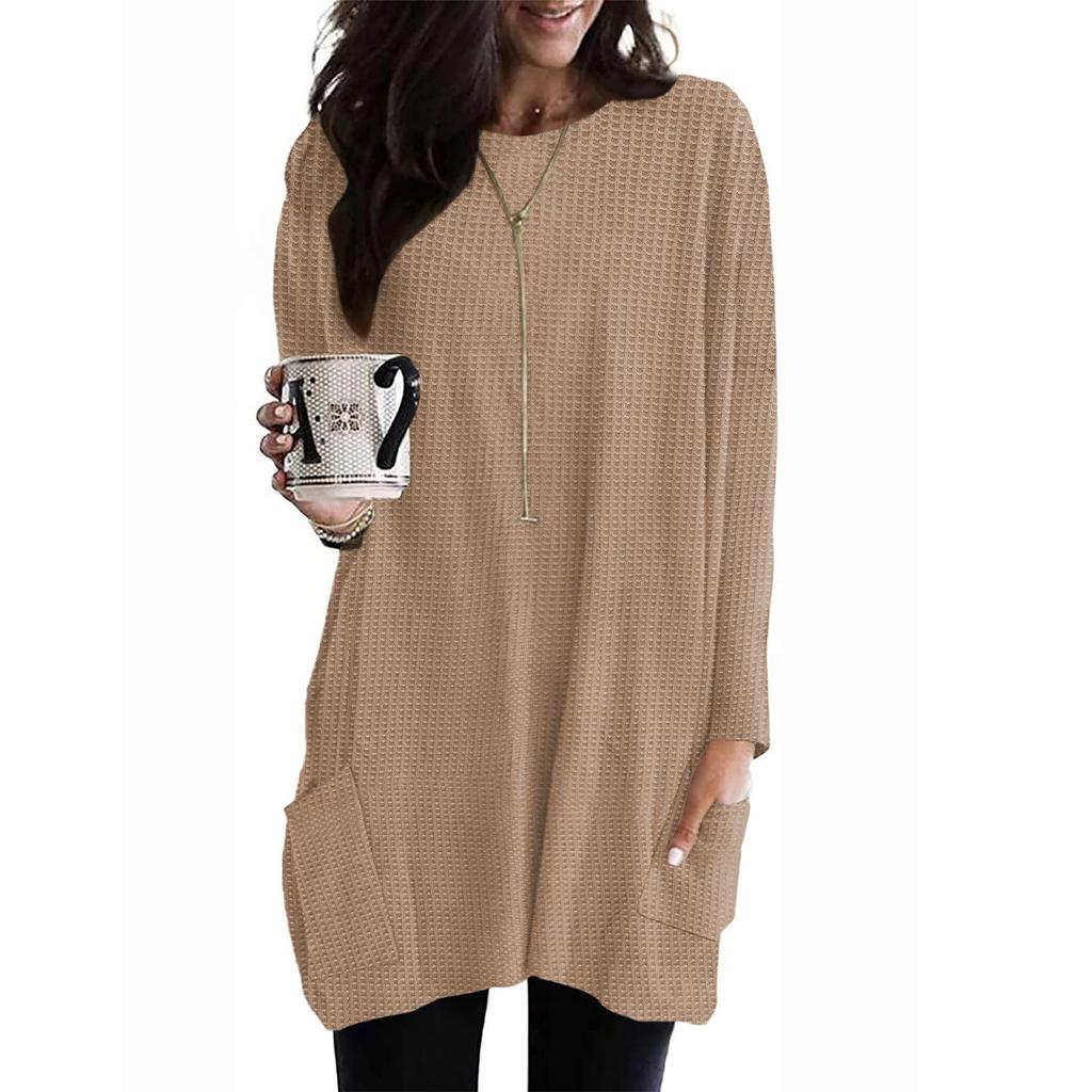 Dame Mote Rund Hals Lomme Mellomlang Casual Ensfarget Langermet Topp