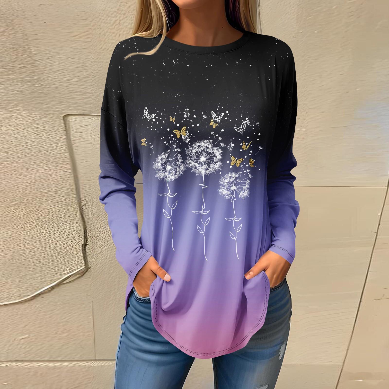 

Женская повседневная футболка с круглым вырезом и цветочным принтом, длинный рукав L