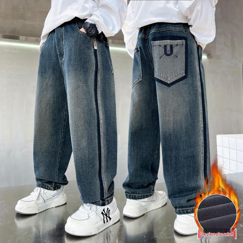 Boys' Spring & Autumn 2025 Fleece-Lined Jeans - Casual Long Pants for Kids