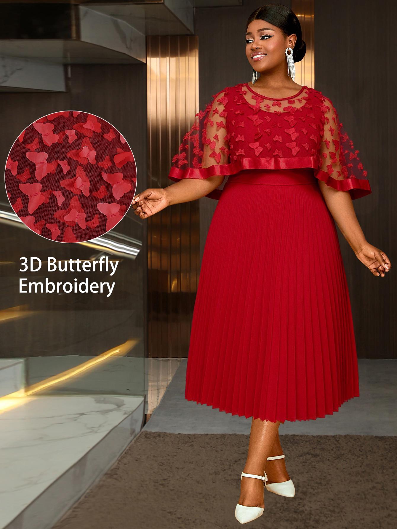 

Женское элегантное миди-платье с прозрачной сетчатой накидкой, 3D-бабочкой, круглым вырезом, без рукавов, плиссированное, стильное, вечернее, для гостей на свадьбу 4XL красный