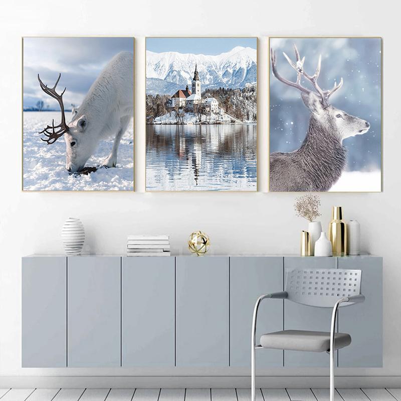 Winter Lake Mountain Canvas Painting Snow Tree Deer Wall Art Picture Print Natural Landscape Nordic Poster Room Home Decor Gifts
