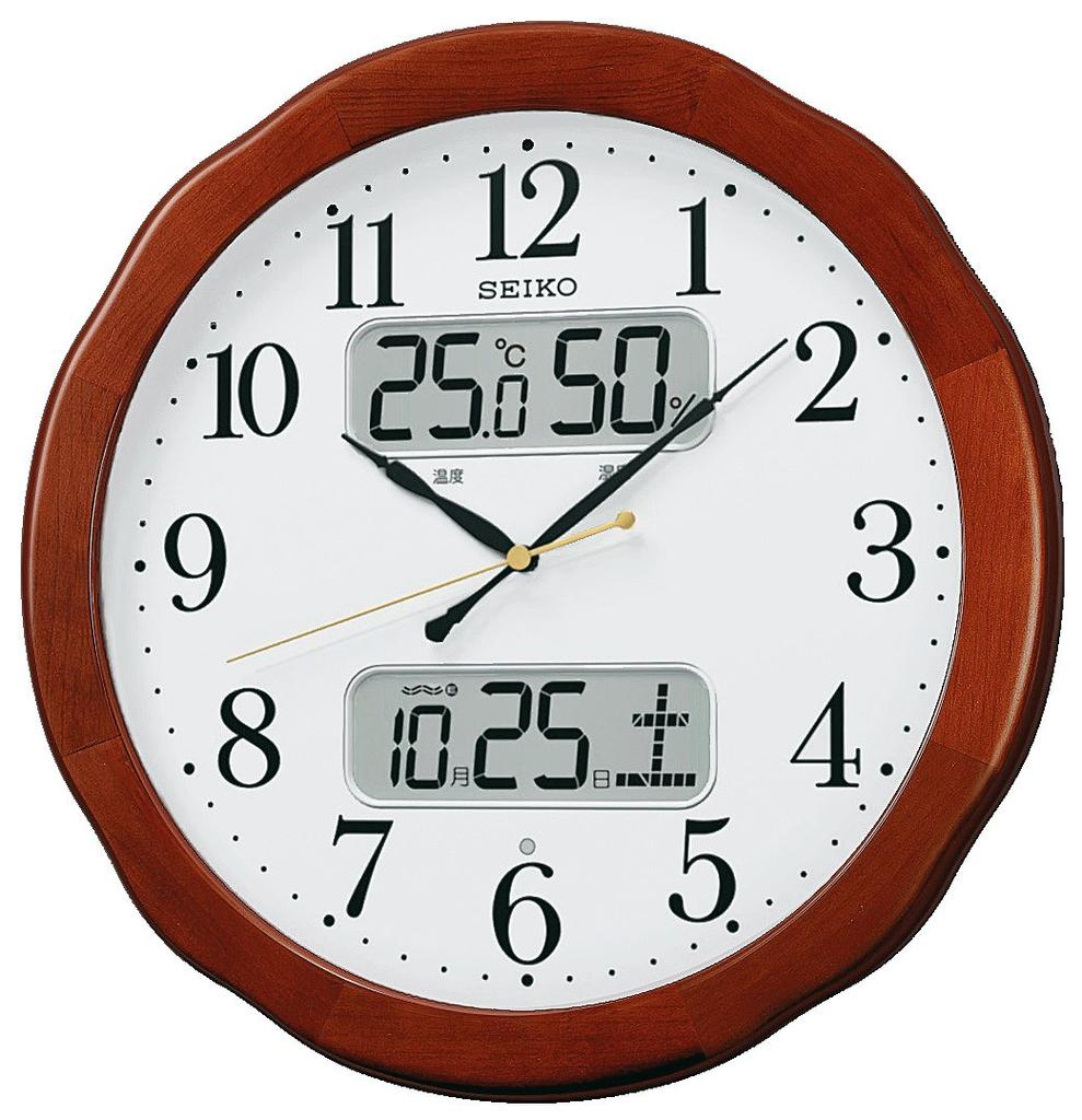 Seiko KX369B Analog Wall Clock with Radio Temperature and Humidity Brown Wooden Frame Control, Calendar, Display,