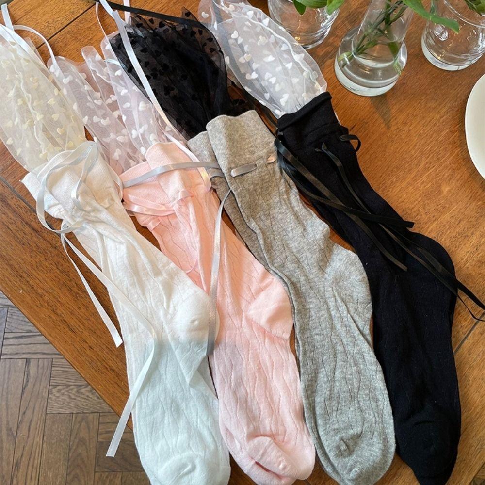 

Mesh Ballet Bow Stockings French Style Mid Calf Socks Comfortable Sweet Bowknot Socks Summer білий