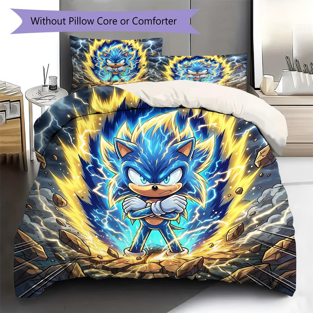 Hedgehog Sonic Pattern Bedding Quilt Set Quilt Cover Pillowcase Home Decoration Birthday Gift (1 * duvet cover + 2 * pillowcase, without core)