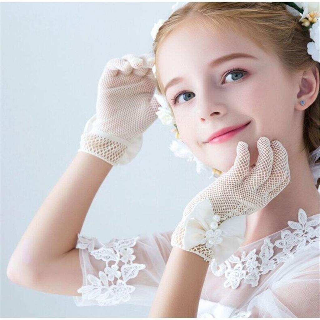 1 Pair Lace Girls' Formal Gloves Comfortable Nylon Fabric Mittens for Wedding Dresses and Special Occasions White/Black
