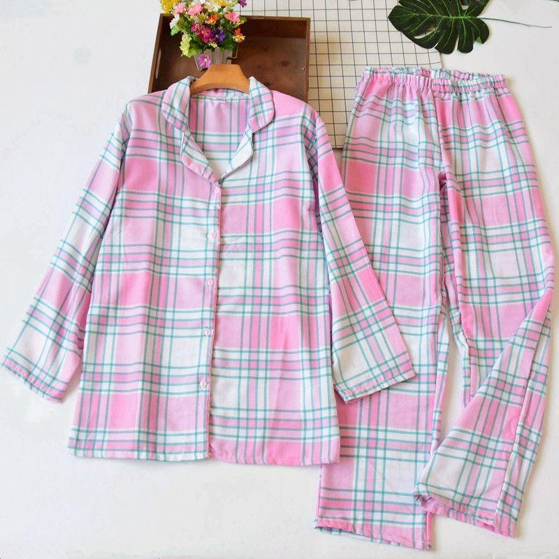 Women's Cotton Plaid Cardigan Lapel Pajamas Suit Spring and Autumn Thin Soft Comfort and Casual Home Wear