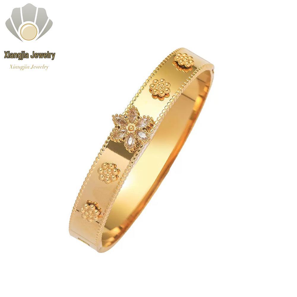 Szmaragdowy Cyrkoniowy Kwiat Stal Tytanowa Bransoletka - Damska Styl Europejski i Amerykański, Luksusowa Modna Bransoletka.