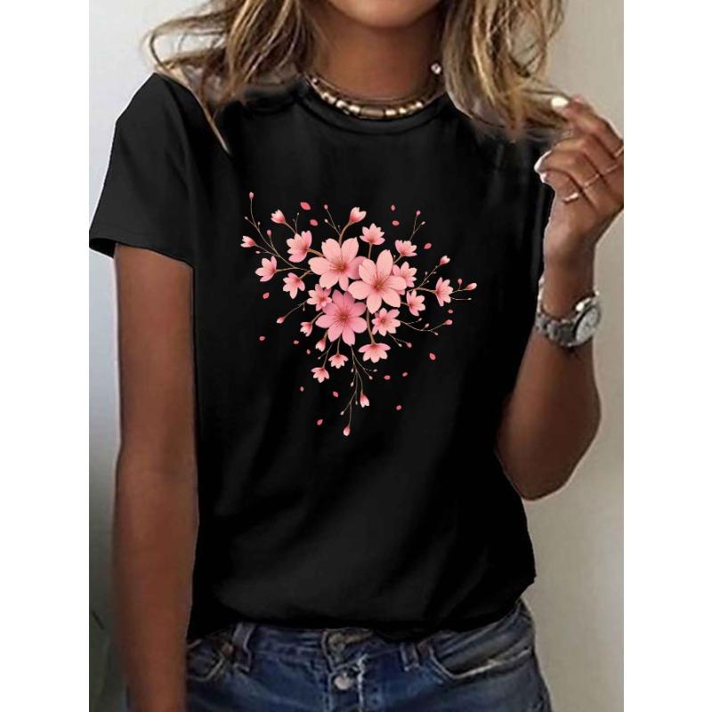 

European sizes Cluster of Pink Cherry Blossoms Print T-shirt, Short Sleeve Crew Neck Casual Top for Summer & Spring, Women s Clothing 4XL